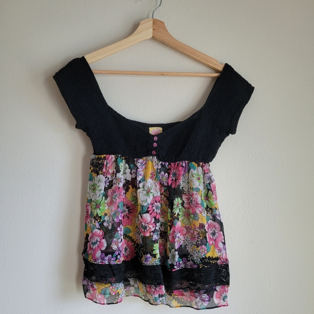 Free People Big Scoop Neck Black Floral Chiffon Blouse